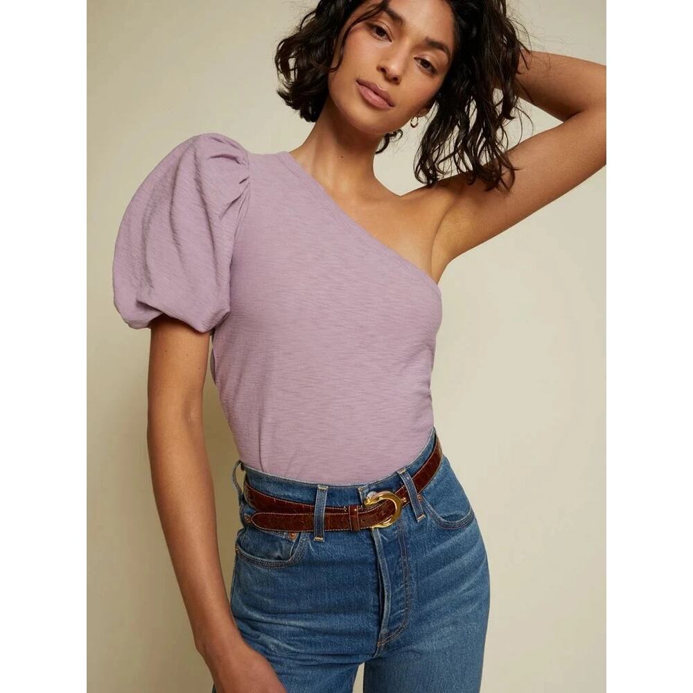 Nation LTD Raina Balloon Sleeve One Shoulder T Shirt Top Blouse Purple Small